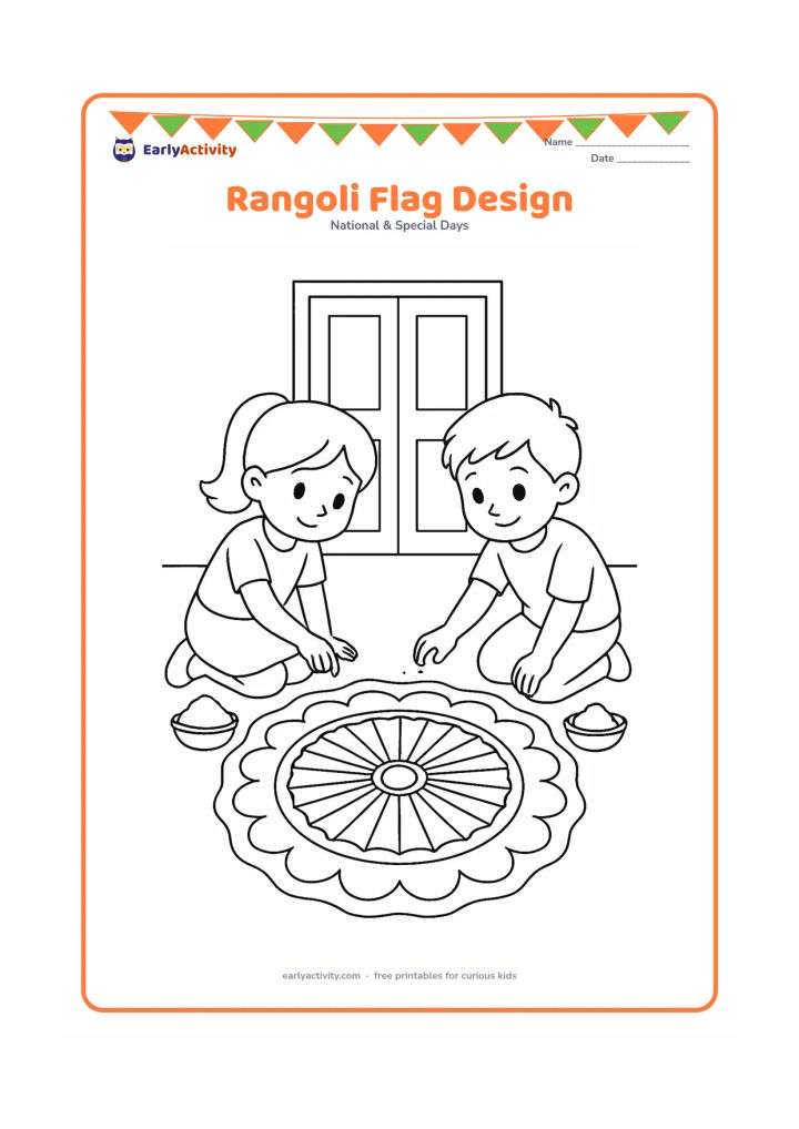 Colouring page: Two children kneel on the ground making a large rangoli inspired by the Indian flag, with a simple Ashoka Chakra in the centre. Include bowls of coloured powder and a doorway behind them.