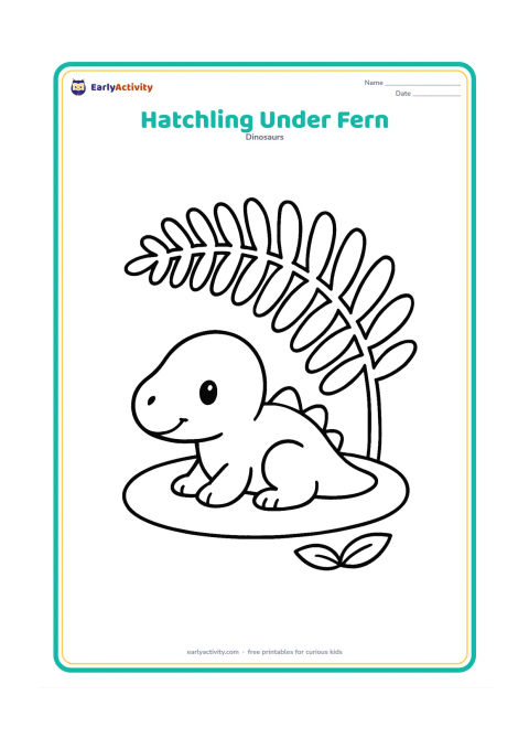 Colouring page: Draw a tiny baby dinosaur resting beneath one enormous fern frond. Add a simple oval nest and two leaves on the ground.