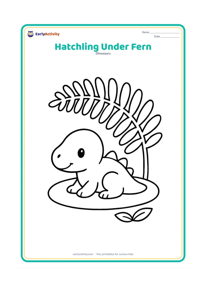 Colouring page: Draw a tiny baby dinosaur resting beneath one enormous fern frond. Add a simple oval nest and two leaves on the ground.