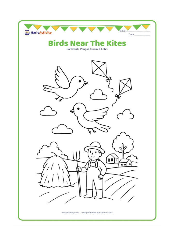 Colouring page: Two birds fly across a bright sky while three kites appear at different distances above a village field. Add a farmer, a hay bundle, and a distant tree line below.