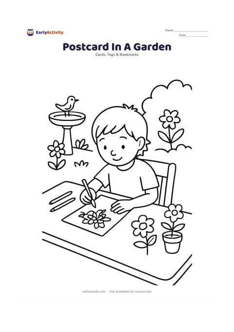 Worksheet: A child sits at a garden table drawing a bouquet for their mother, with pencils, a blank postcard, flowers, a chair and a birdbath nearby. Leave the postcard completely empty so the…
