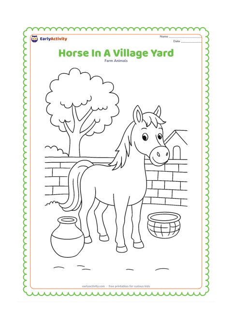 Colouring page: A friendly horse stands in an Indian village courtyard beside a low mud-brick wall, a clay water pot and a simple woven basket. Add one leafy tree and a clear ground line.