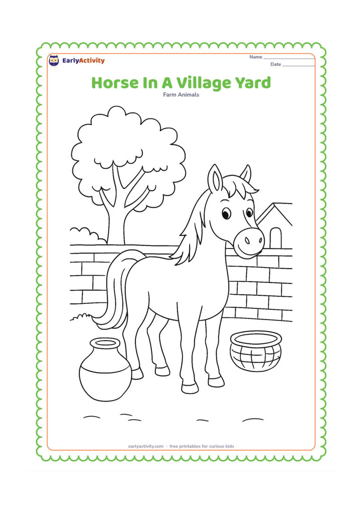 Colouring page: A friendly horse stands in an Indian village courtyard beside a low mud-brick wall, a clay water pot and a simple woven basket. Add one leafy tree and a clear ground line.