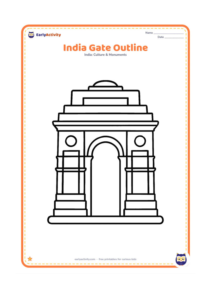 Colouring page: Draw a large, front-facing India Gate with one broad arch and a clear open sky around it. Keep the monument as the main subject with no background objects.