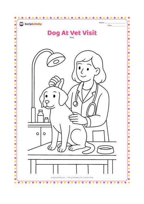 Colouring page: Draw a calm dog standing on a veterinary examination table while a caring adult checks its raised ear. Include a stethoscope, examination lamp, cabinet, bowl, and a few neatly arranged…
