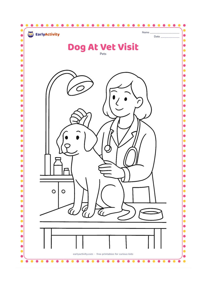 Colouring page: Draw a calm dog standing on a veterinary examination table while a caring adult checks its raised ear. Include a stethoscope, examination lamp, cabinet, bowl, and a few neatly arranged…