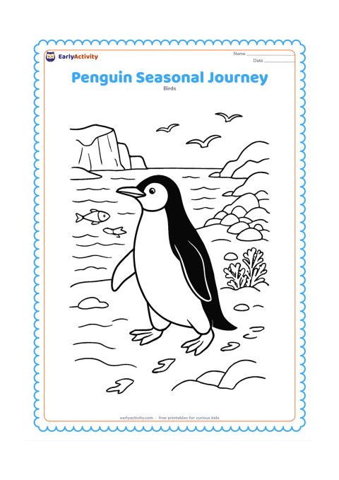 Colouring page: Draw one penguin moving through a detailed habitat scene that combines a snowy ice edge, open water, rocky shore, and a small patch of hardy Southern Hemisphere plants to show varied…