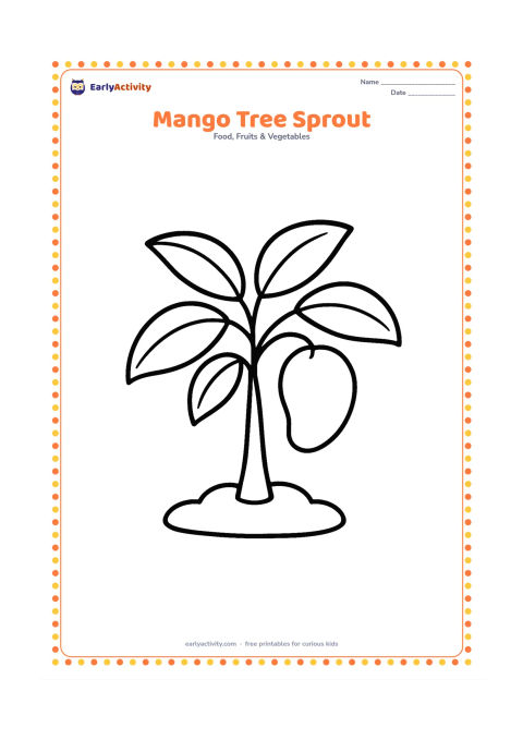 Colouring page: Show a tiny mango tree growing from a simple patch of soil, with a short trunk, several large leaves and one mango hanging from a branch.