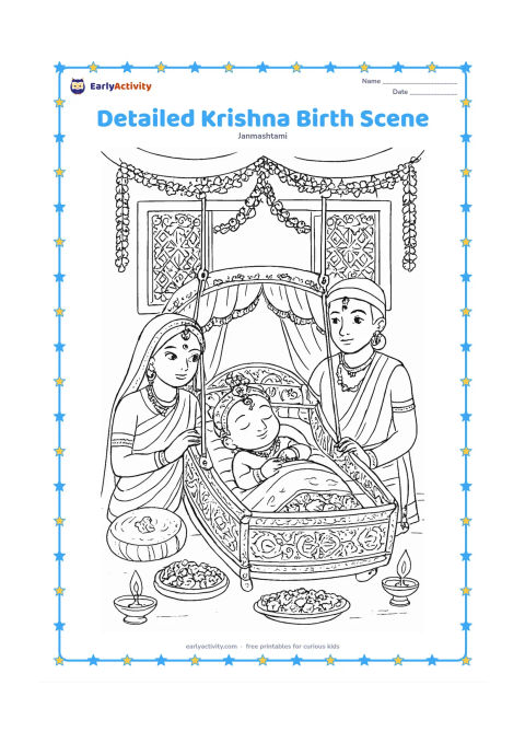 Colouring page: Draw a detailed but peaceful scene of baby Krishna resting in a decorated cradle inside a traditional room, with parents nearby, carved window panels, hanging garlands, cushions, lamps…