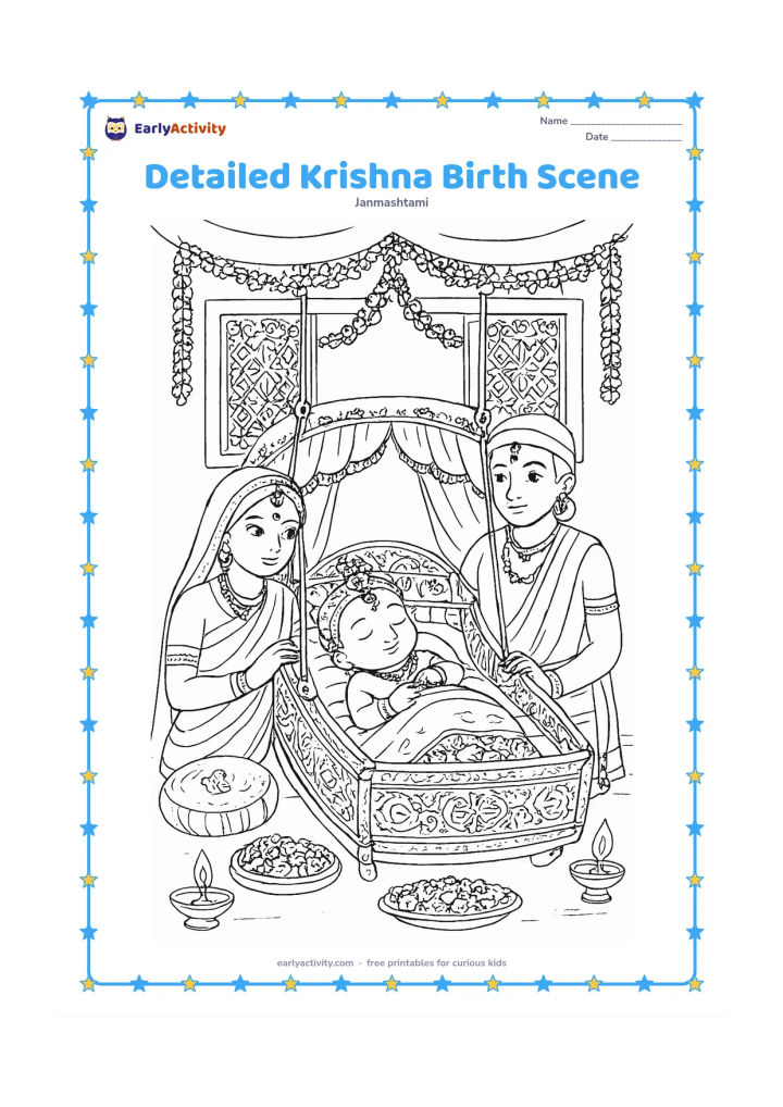 Colouring page: Draw a detailed but peaceful scene of baby Krishna resting in a decorated cradle inside a traditional room, with parents nearby, carved window panels, hanging garlands, cushions, lamps…