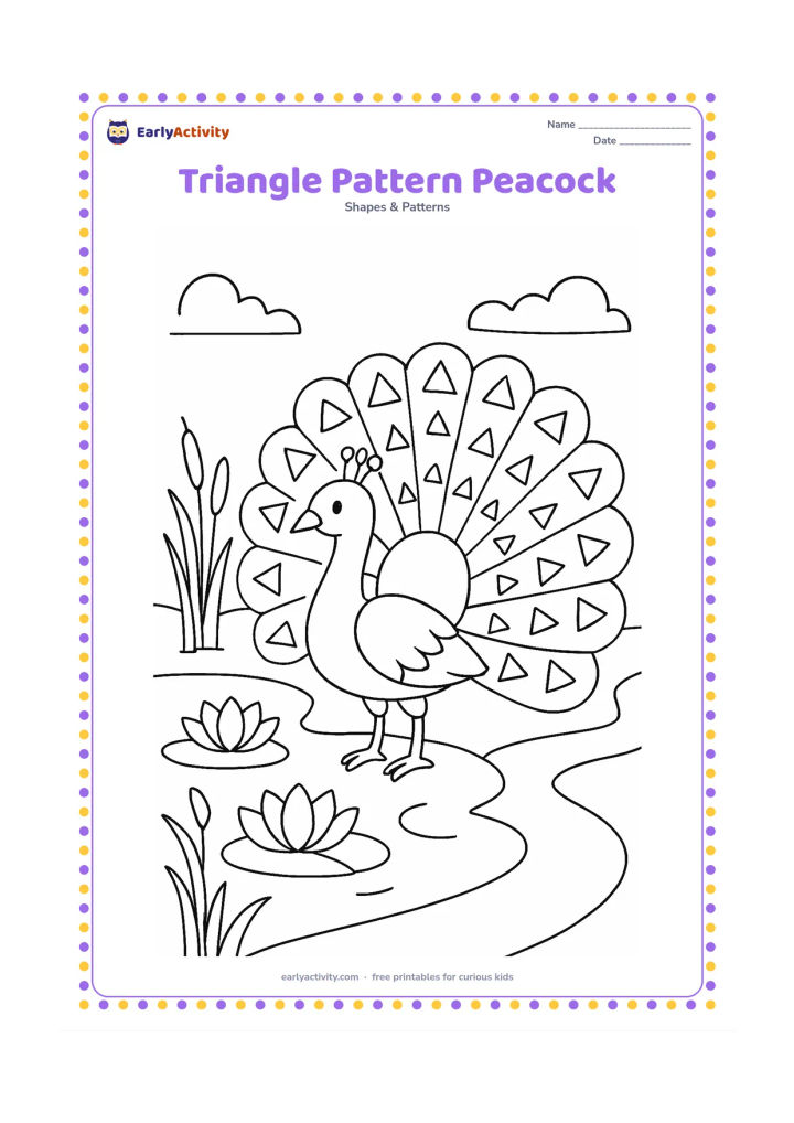Colouring page: Draw a peacock standing beside a garden pond, with its open tail filled with repeated triangles pointing in several directions. Add lotus flowers, reeds, and a curved path.