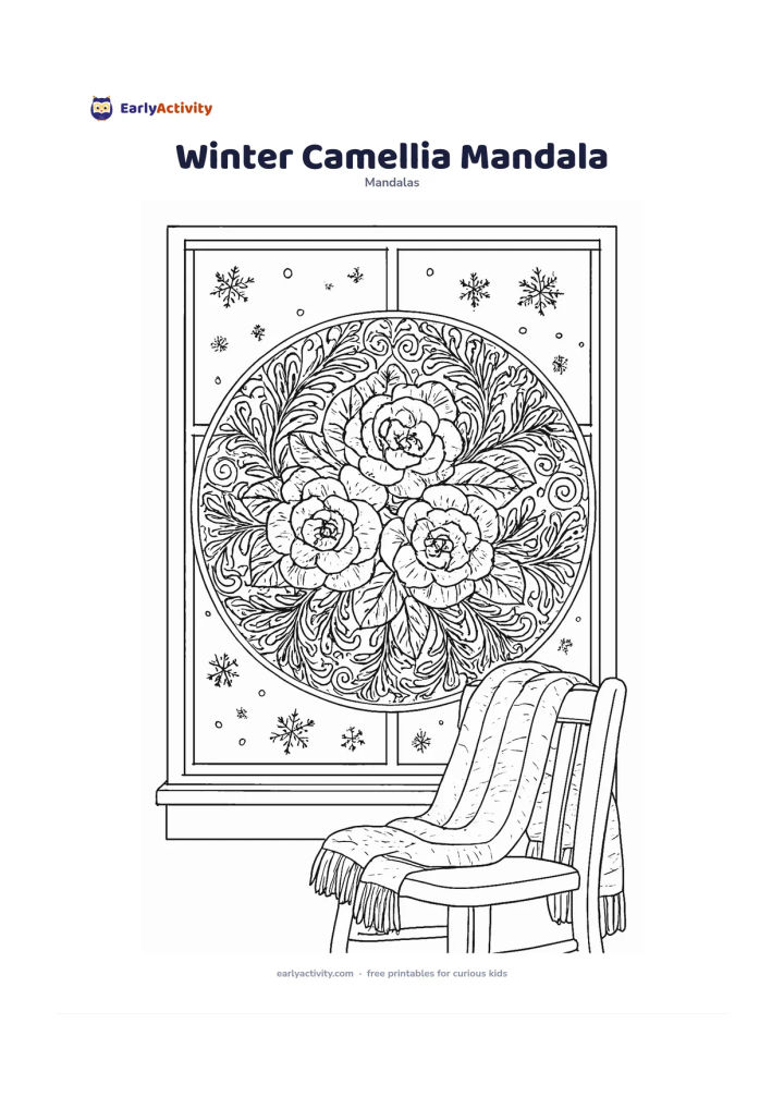 Colouring page: Draw a symmetrical mandala centred on overlapping camellia blooms, rounded leaves and curling evergreen sprigs. Frame it with a quiet winter window, a warm scarf draped over a chair and…