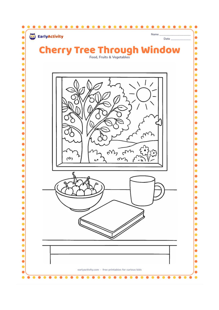 Colouring page: Draw an indoor study table with a bowl of cherries, a closed notebook and a cup, while a cherry tree and sunny garden appear through the open window.