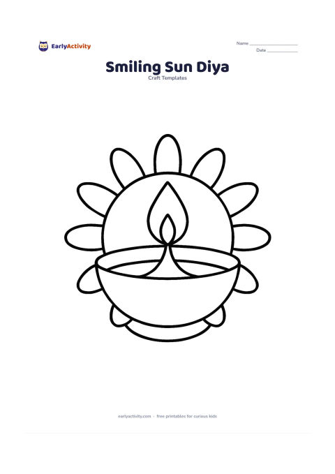 Worksheet: A large diya with one flame and a simple sunburst border around the bowl; keep the sun rays as broad rounded shapes, with no facial features or text.