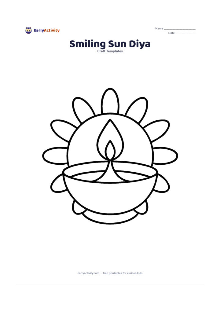 Worksheet: A large diya with one flame and a simple sunburst border around the bowl; keep the sun rays as broad rounded shapes, with no facial features or text.