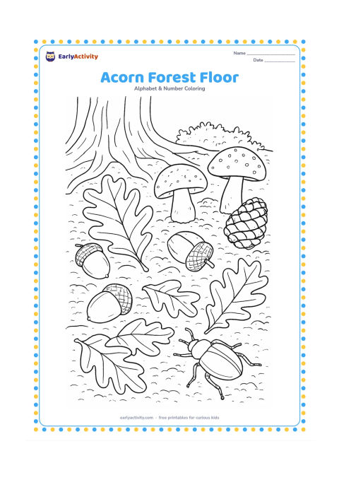 Colouring page: Draw a close forest-floor scene with several acorns, oak leaves, mushrooms, pinecones, and a beetle moving across textured soil. Include tree roots and a small patch of moss in the…