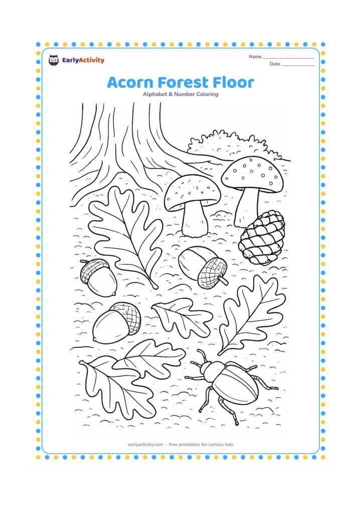Colouring page: Draw a close forest-floor scene with several acorns, oak leaves, mushrooms, pinecones, and a beetle moving across textured soil. Include tree roots and a small patch of moss in the…