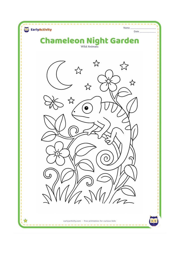 Colouring page: A chameleon climbs a flowering garden plant beneath a crescent moon and scattered stars, with curling vines, large leaves, a moth and soft grass shapes below. Show its eyes, gripping…