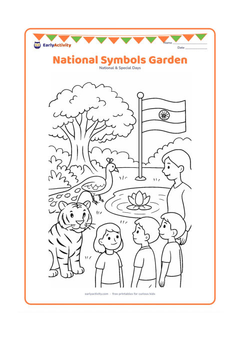 Colouring page: Draw a detailed garden scene combining several Indian national symbols: a Bengal tiger near bushes, a peacock by a pond, a lotus in the water, a banyan tree and an Indian flag on a…