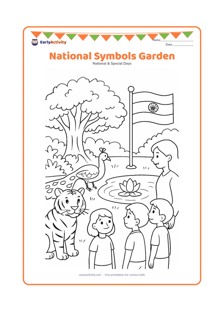Colouring page: Draw a detailed garden scene combining several Indian national symbols: a Bengal tiger near bushes, a peacock by a pond, a lotus in the water, a banyan tree and an Indian flag on a…