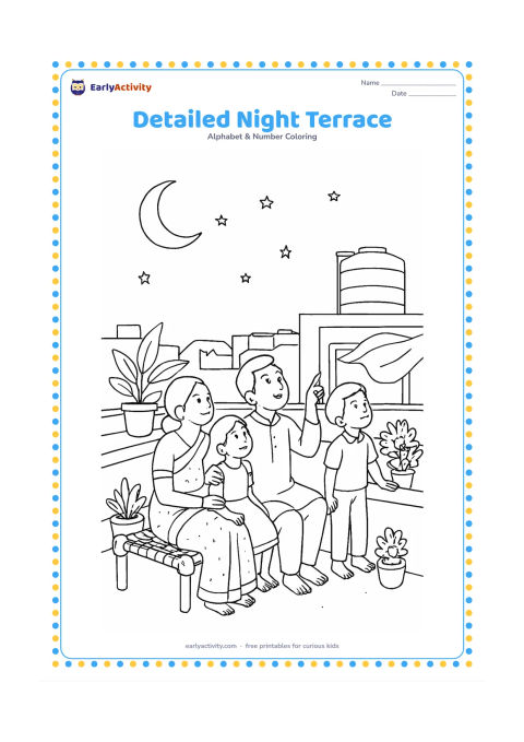 Colouring page: Draw an Indian family on a rooftop terrace at night, looking at a crescent moon and stars beside a water tank and potted plants. Add a charpai, low parapet wall, distant rooftops, and a…