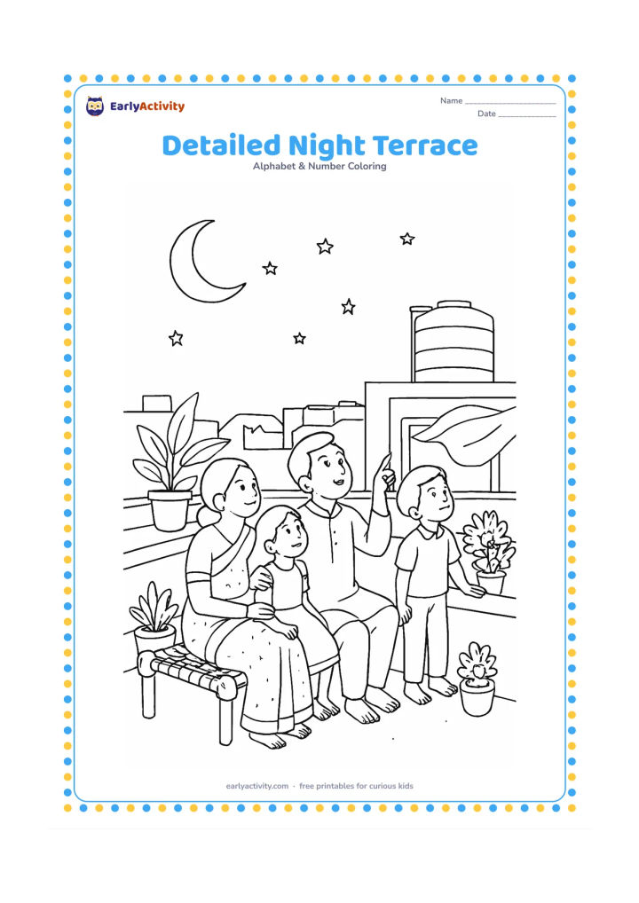 Colouring page: Draw an Indian family on a rooftop terrace at night, looking at a crescent moon and stars beside a water tank and potted plants. Add a charpai, low parapet wall, distant rooftops, and a…