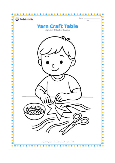 Colouring page: Draw a child seated at a table, arranging yarn strands around a simple paper craft shape, with a bowl of yarn pieces and scissors placed safely to one side.