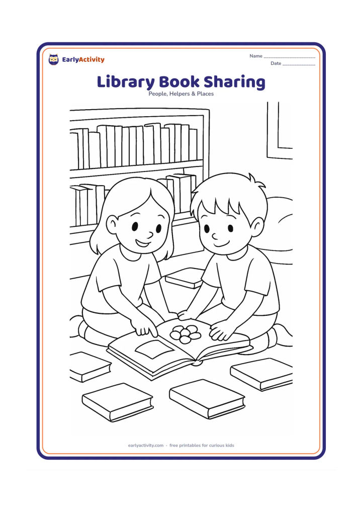 Colouring page: Two friends sit on a library floor and look at a large open picture book together, with one child pointing at a picture. Include low bookshelves, cushions, and several closed books with…