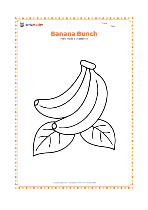 Colouring page: A curved bunch of three bananas with broad peels and a simple stem, centered on the page with two large leaves beneath it.