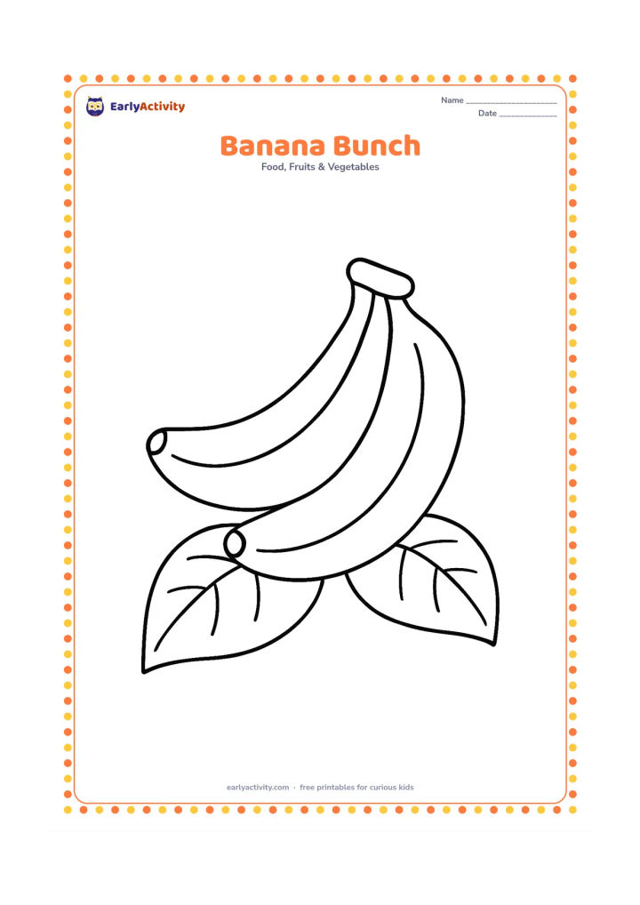 Colouring page: A curved bunch of three bananas with broad peels and a simple stem, centered on the page with two large leaves beneath it.