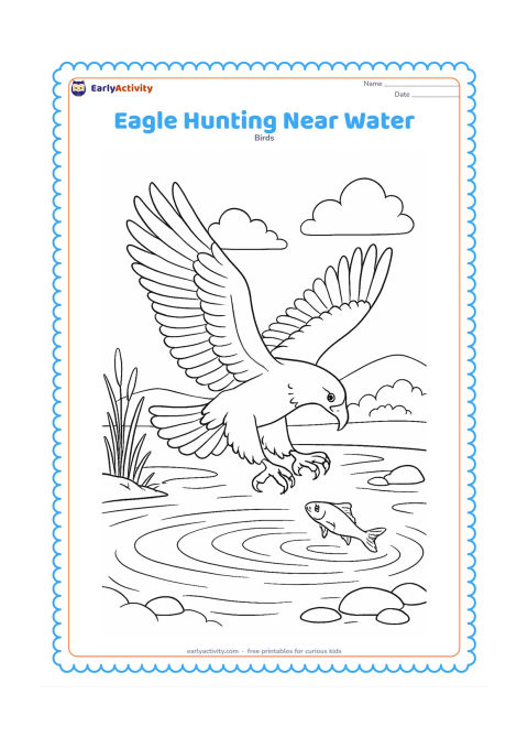 Colouring page: Draw an eagle swooping low over a lake with its talons extended toward a small fish just above the water. Include detailed ripples, reeds, shoreline stones, reflected clouds and distant…