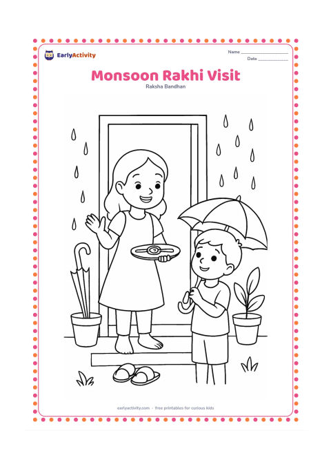 Colouring page: A child welcomes a sibling arriving at the home during the rainy season, holding a rakhi plate. Show an umbrella near the doorway, raindrops outside, wet potted plants, and a pair of…