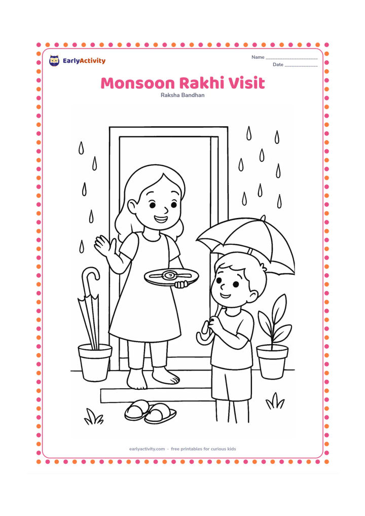 Colouring page: A child welcomes a sibling arriving at the home during the rainy season, holding a rakhi plate. Show an umbrella near the doorway, raindrops outside, wet potted plants, and a pair of…