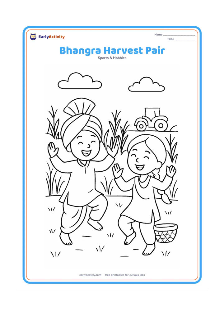 Colouring page: Draw two children doing energetic Bhangra-inspired steps with raised arms and bent knees in a Punjabi farm setting. Add tall crops, a basket and a distant tractor shape.