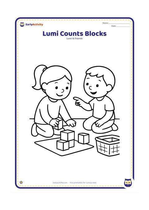 Colouring page: Lumi kneels beside a tray of large building blocks, grouping them into two clear piles while a classmate points and watches. Include a simple classroom mat and storage basket.