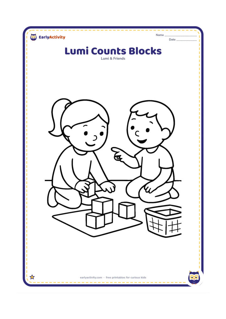 Colouring page: Lumi kneels beside a tray of large building blocks, grouping them into two clear piles while a classmate points and watches. Include a simple classroom mat and storage basket.