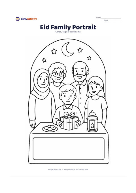 Worksheet: A multigenerational family gathers for a portrait around a small table with a gift box, dates, and lantern, framed by an archway with stars and a crescent moon. Leave a broad decorative…