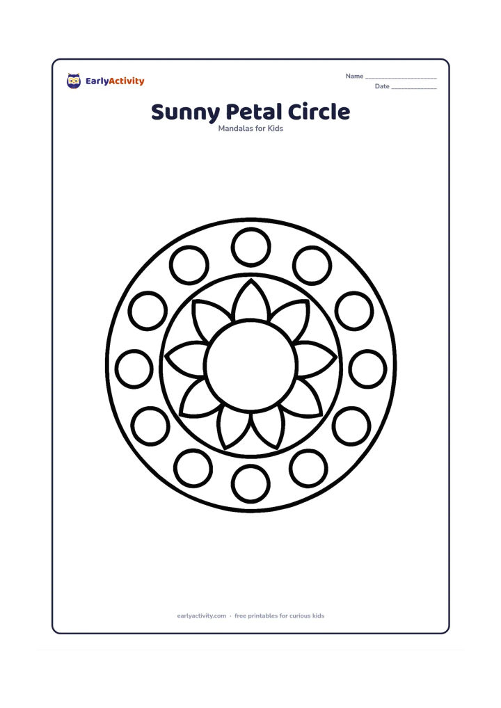 Colouring page: A large circular mandala with a bold sun-like centre, eight wide rounded petals, and a ring of oversized dots. Keep the design centred on a plain background with generous spaces for easy…