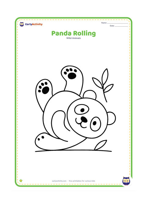 Colouring page: Draw a playful panda lying on its back with paws in the air and a rounded bamboo leaf beside it. Use a simple ground line under the panda.