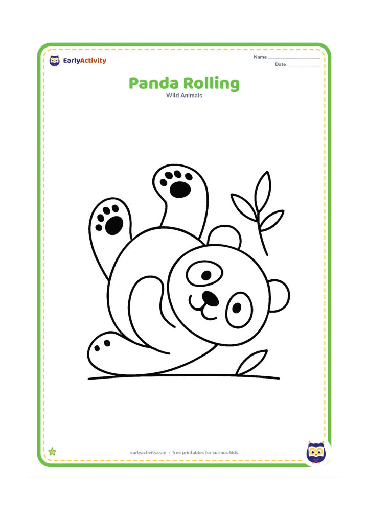 Colouring page: Draw a playful panda lying on its back with paws in the air and a rounded bamboo leaf beside it. Use a simple ground line under the panda.