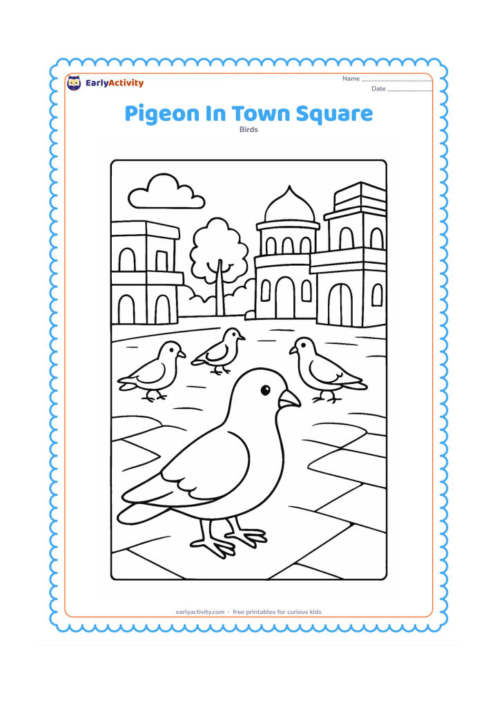 Colouring page: Several pigeons walk and stand in an open town square surrounded by simple Indian-style buildings, balconies, trees, and paving stones. Keep one pigeon large in the foreground and the…