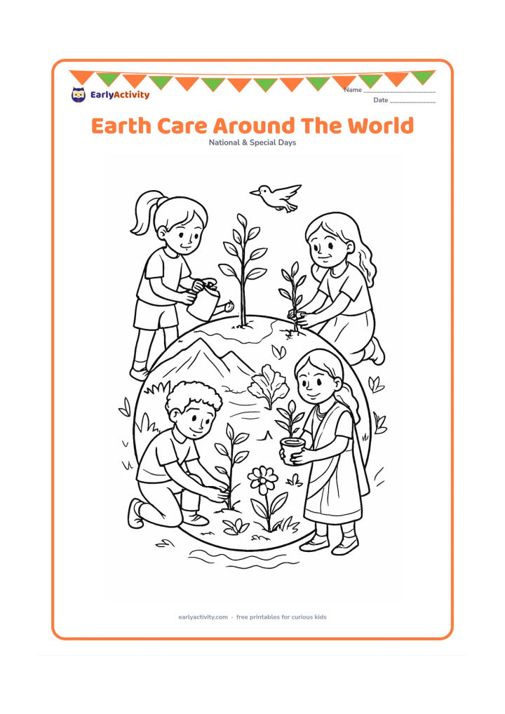 Colouring page: Draw a detailed globe-shaped garden scene where children from different regions plant, water and care for trees around a central Earth. Include an Indian child in traditional everyday…