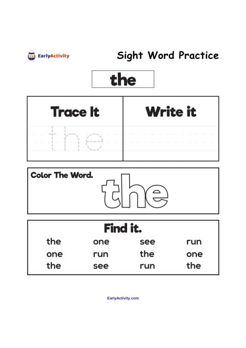 Worksheet for practising the sight word “the” with tracing, writing, colouring and word-finding activities.