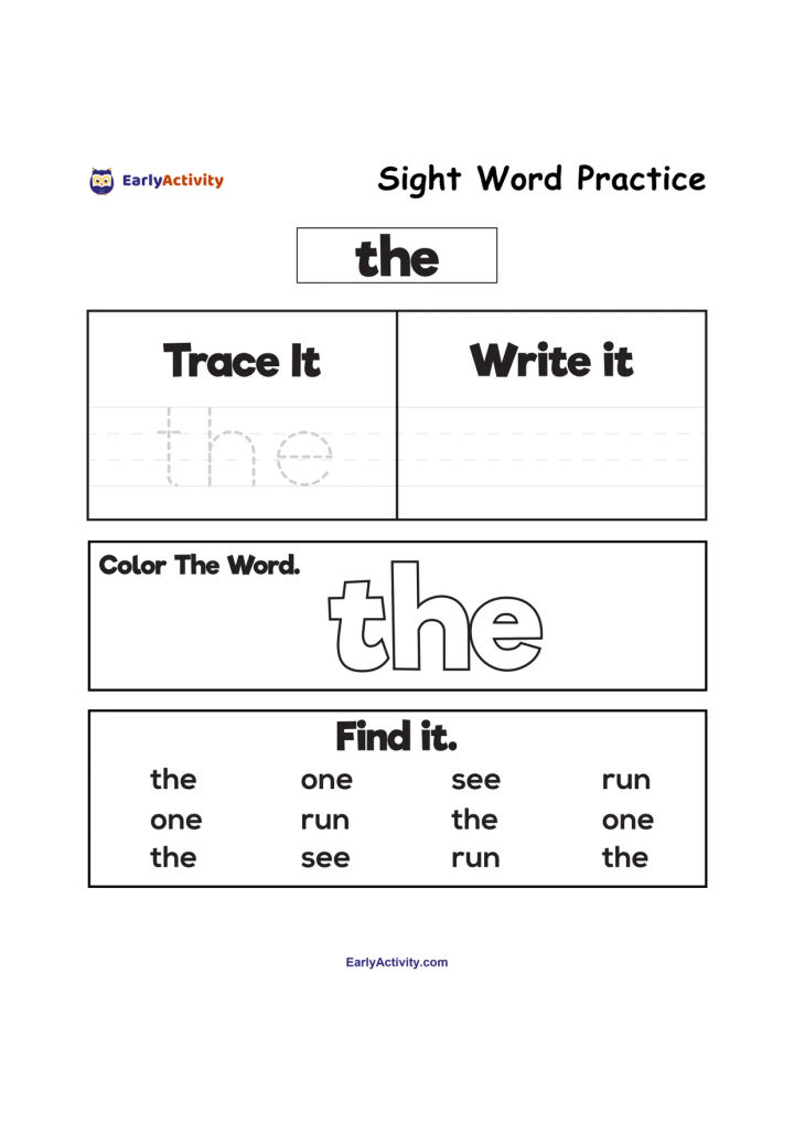 Worksheet for practising the sight word “the” with tracing, writing, colouring and word-finding activities.