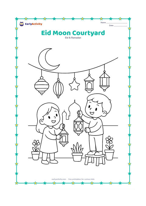 Colouring page: Children decorate a courtyard with hanging lanterns beneath a crescent moon, while a mosque silhouette, flower pots, and a low wall fill the background.
