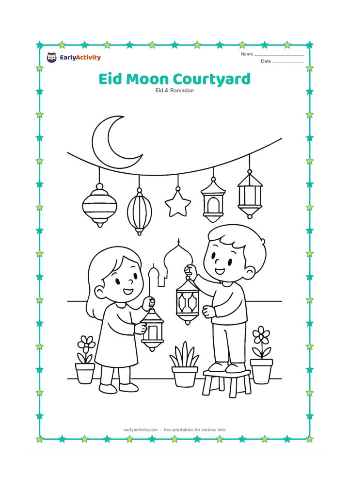 Colouring page: Children decorate a courtyard with hanging lanterns beneath a crescent moon, while a mosque silhouette, flower pots, and a low wall fill the background.