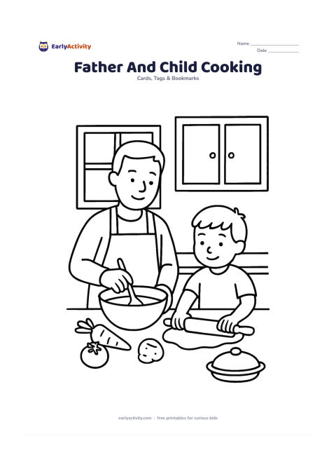 Worksheet: Draw a father and child preparing food together at a kitchen counter, with a mixing bowl, rolling pin, vegetables and a covered dish. Include simple cupboards and a window without any…