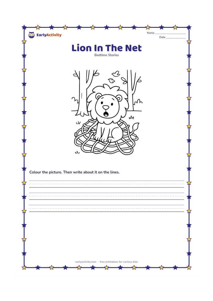 Printable: A surprised lion sits gently tangled in a large rope net on the forest floor, with his paws resting safely inside the open spaces. Show tree trunks and a few calm birds in the distance.