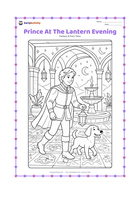 Colouring page: A prince walks through a palace courtyard at evening while carrying a small lantern, accompanied by a friendly dog. Include arched corridors, hanging lanterns, patterned tiles, potted…