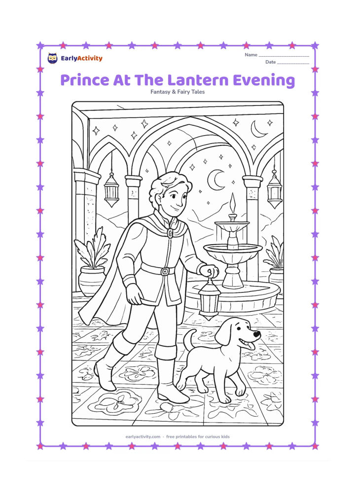 Colouring page: A prince walks through a palace courtyard at evening while carrying a small lantern, accompanied by a friendly dog. Include arched corridors, hanging lanterns, patterned tiles, potted…